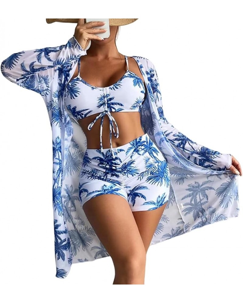 Womens Bathing Suit 3 Piece Swimsuit Drawstring Bikini Set Long Sleeve Beach Cover Up Boho Boy Shorts Swimwear Set A-021 $17....