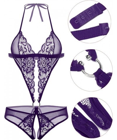 Women Deep V Lingerie Lace Teddy One Piece Babydoll Mini Bodysuit Purple $8.85 Bodysuits