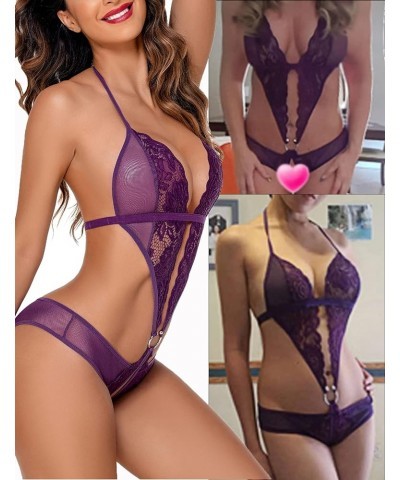 Women Deep V Lingerie Lace Teddy One Piece Babydoll Mini Bodysuit Purple $8.85 Bodysuits