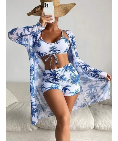 Womens Bathing Suit 3 Piece Swimsuit Drawstring Bikini Set Long Sleeve Beach Cover Up Boho Boy Shorts Swimwear Set A-021 $17....