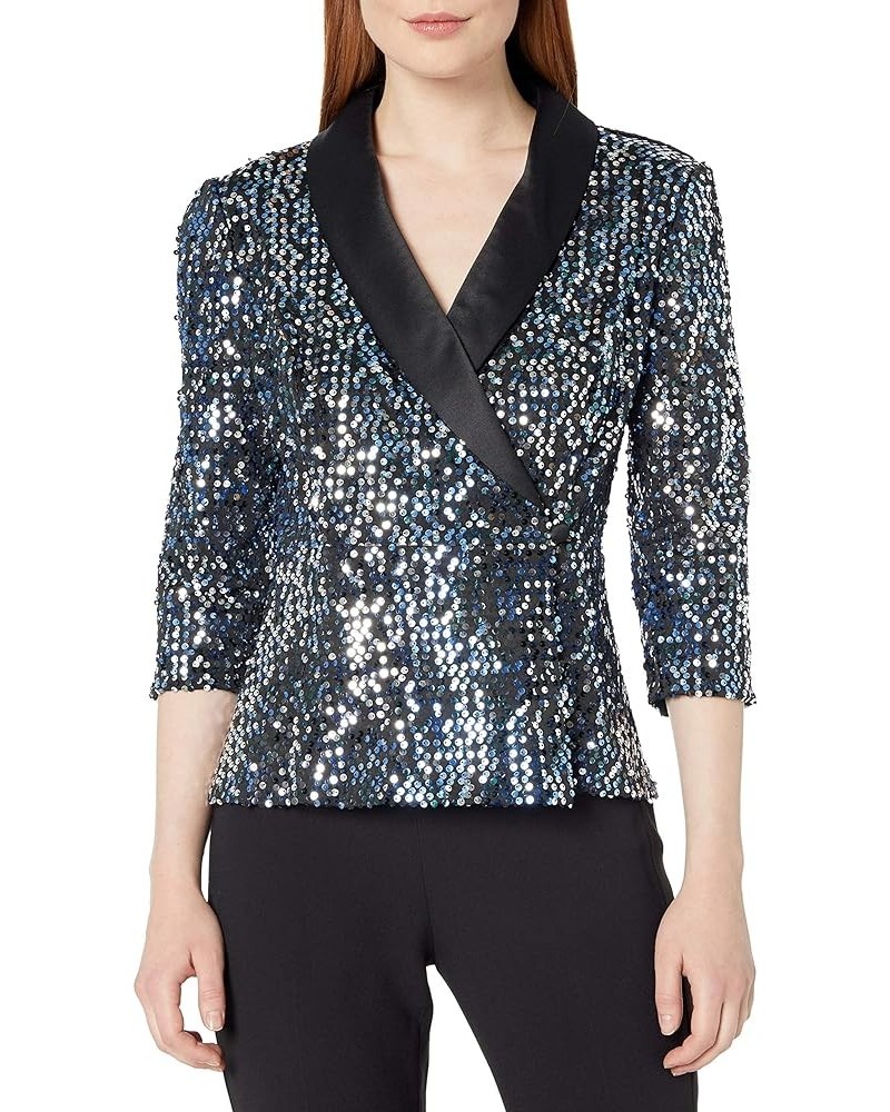 Women's Sequin Blouse Blue/Black Satin Collar $57.74 Blouses