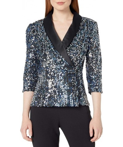 Women's Sequin Blouse Blue/Black Satin Collar $57.74 Blouses