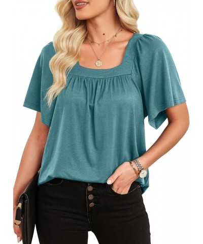 Casual Square Neck Summer Tops for Women 2024 Trendy Short Sleeve Tee Shirts Vacation Outfits Loose Fit T Shirts B Blue $13.4...