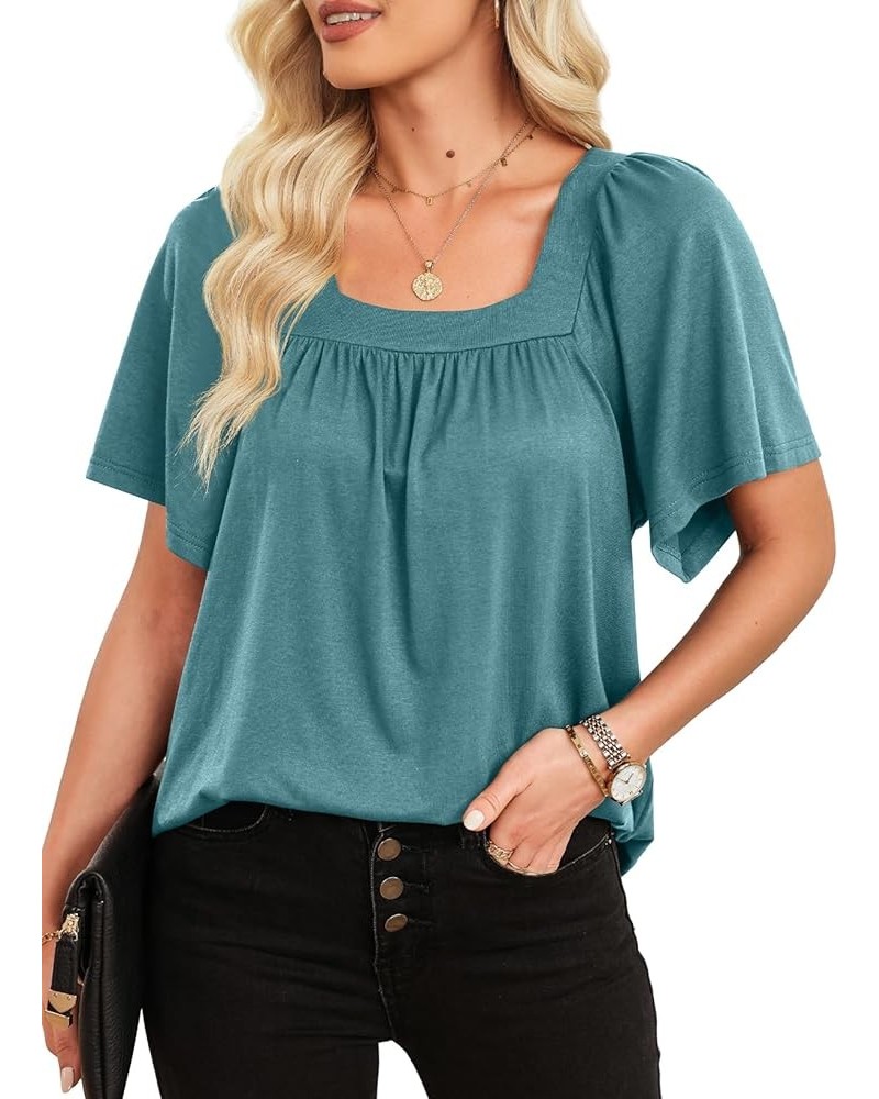 Casual Square Neck Summer Tops for Women 2024 Trendy Short Sleeve Tee Shirts Vacation Outfits Loose Fit T Shirts B Blue $13.4...