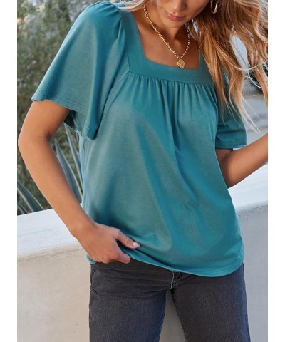 Casual Square Neck Summer Tops for Women 2024 Trendy Short Sleeve Tee Shirts Vacation Outfits Loose Fit T Shirts B Blue $13.4...