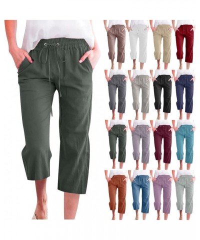 Capri Pants for Women Casual 2023 Summer Drawstring Elastic High Waist Linen Pant Straight Wide Leg Cropped Trouser 04 Green ...