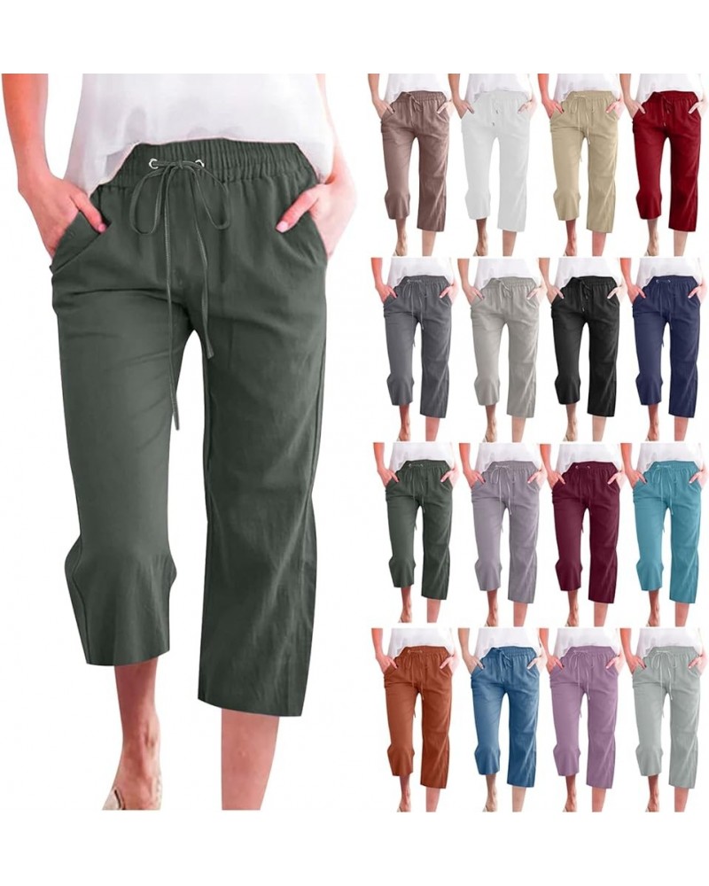 Capri Pants for Women Casual 2023 Summer Drawstring Elastic High Waist Linen Pant Straight Wide Leg Cropped Trouser 04 Green ...