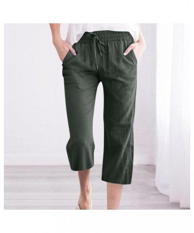 Capri Pants for Women Casual 2023 Summer Drawstring Elastic High Waist Linen Pant Straight Wide Leg Cropped Trouser 04 Green ...