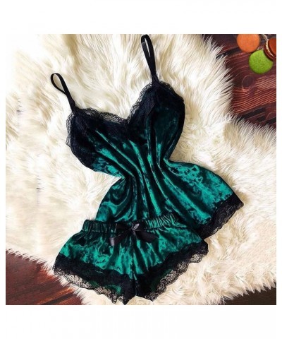 Women's Lingerie, Sleep & Lounge Lace Trim Camisole Pajama Dress Sexy Lingerie Two-Piece Nightwear Pjs Shorts Set 02 Green $5...