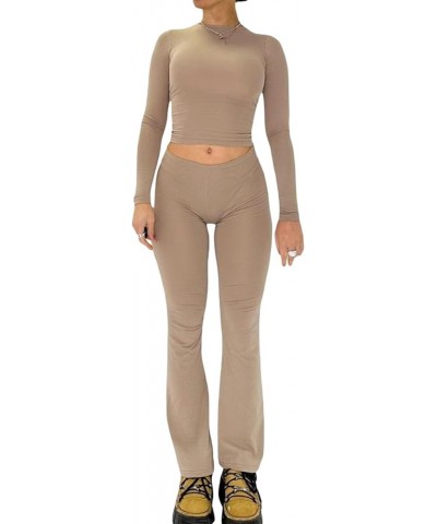 Women's Lounge Sets Two Piece Outfits Basic Long Sleeve Crop Tee Tops Low Rise Flare Pants 2 Piece Yoga Tracksuit 2 light Bro...