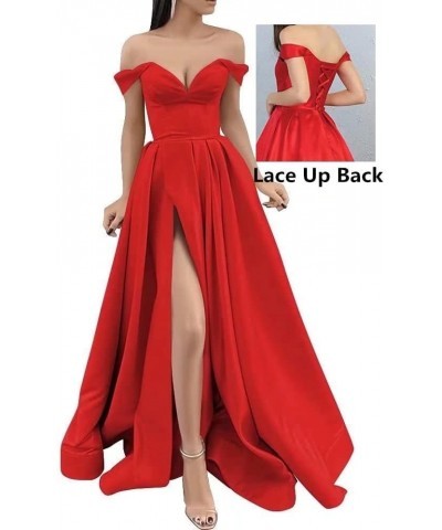 Off The Shoulder Long Slit Prom Dresses with Pockets V Neck Empire Waist Satin Party Evening Gown for Women Formal Rust Red $...