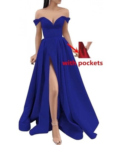 Off The Shoulder Long Slit Prom Dresses with Pockets V Neck Empire Waist Satin Party Evening Gown for Women Formal Rust Red $...