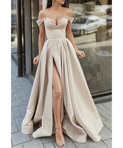 Off The Shoulder Long Slit Prom Dresses with Pockets V Neck Empire Waist Satin Party Evening Gown for Women Formal Rust Red $...