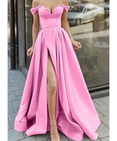 Off The Shoulder Long Slit Prom Dresses with Pockets V Neck Empire Waist Satin Party Evening Gown for Women Formal Rust Red $...