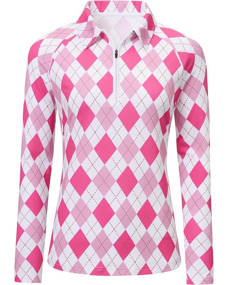 Women's UPF 50+ Sun Protection Zip Up Long Sleeve Golf Tennis Hiking Shirt Collared-rose Pink Argyle $13.76 Shirts