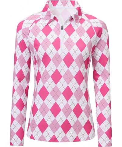 Women's UPF 50+ Sun Protection Zip Up Long Sleeve Golf Tennis Hiking Shirt Collared-rose Pink Argyle $13.76 Shirts