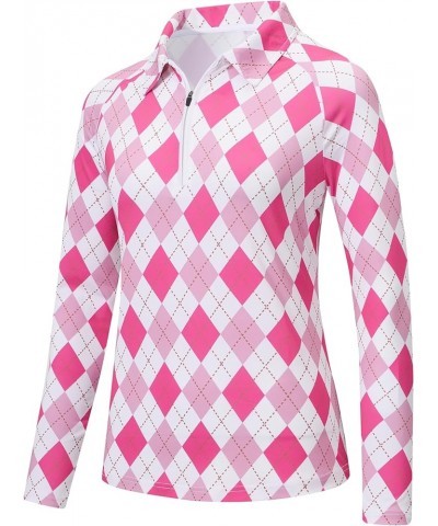 Women's UPF 50+ Sun Protection Zip Up Long Sleeve Golf Tennis Hiking Shirt Collared-rose Pink Argyle $13.76 Shirts