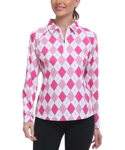 Women's UPF 50+ Sun Protection Zip Up Long Sleeve Golf Tennis Hiking Shirt Collared-rose Pink Argyle $13.76 Shirts