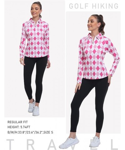 Women's UPF 50+ Sun Protection Zip Up Long Sleeve Golf Tennis Hiking Shirt Collared-rose Pink Argyle $13.76 Shirts