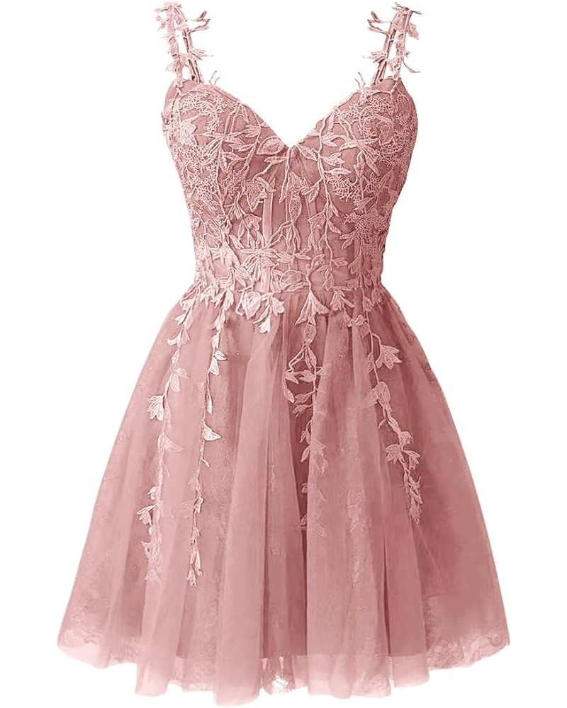 Spaghetti Strap Short Prom Dresses for Teens A Line Applique Tulle Homecoming Dress Dusty Rose $35.09 Dresses