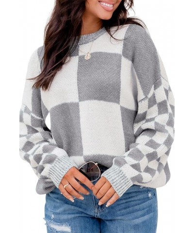 Women's Mint Green Checkered Print Drop Shoulder Sweater Casual Plaid Long Sleeve Pullover Tops Medium Grey $15.61 Sweaters