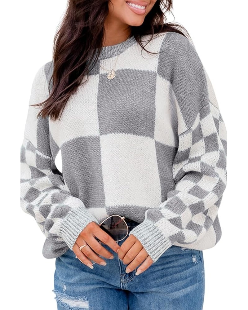 Women's Mint Green Checkered Print Drop Shoulder Sweater Casual Plaid Long Sleeve Pullover Tops Medium Grey $15.61 Sweaters