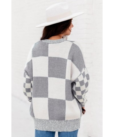 Women's Mint Green Checkered Print Drop Shoulder Sweater Casual Plaid Long Sleeve Pullover Tops Medium Grey $15.61 Sweaters