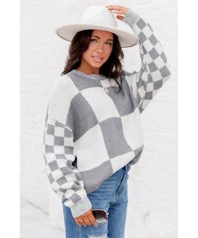 Women's Mint Green Checkered Print Drop Shoulder Sweater Casual Plaid Long Sleeve Pullover Tops Medium Grey $15.61 Sweaters