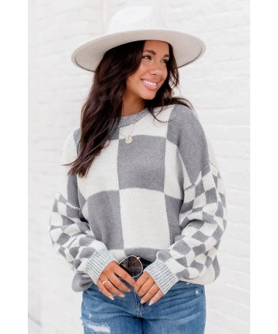 Women's Mint Green Checkered Print Drop Shoulder Sweater Casual Plaid Long Sleeve Pullover Tops Medium Grey $15.61 Sweaters