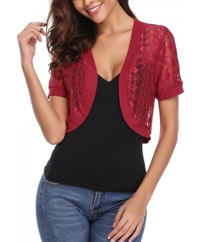 Womens Short Bolero Shrugs for Dresses Open Front Short Sleeve Floral Lace Summer Sheer Cropped Cardigans A_wine Red $14.78 S...