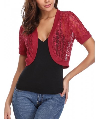 Womens Short Bolero Shrugs for Dresses Open Front Short Sleeve Floral Lace Summer Sheer Cropped Cardigans A_wine Red $14.78 S...