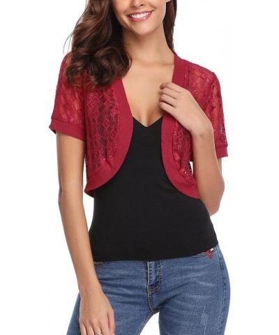 Womens Short Bolero Shrugs for Dresses Open Front Short Sleeve Floral Lace Summer Sheer Cropped Cardigans A_wine Red $14.78 S...