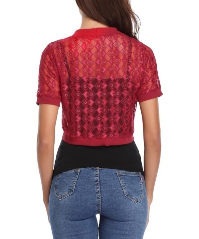 Womens Short Bolero Shrugs for Dresses Open Front Short Sleeve Floral Lace Summer Sheer Cropped Cardigans A_wine Red $14.78 S...