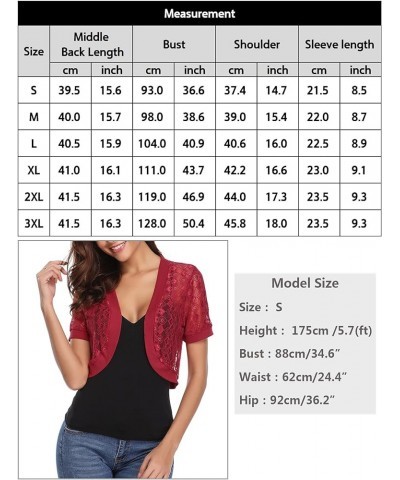 Womens Short Bolero Shrugs for Dresses Open Front Short Sleeve Floral Lace Summer Sheer Cropped Cardigans A_wine Red $14.78 S...