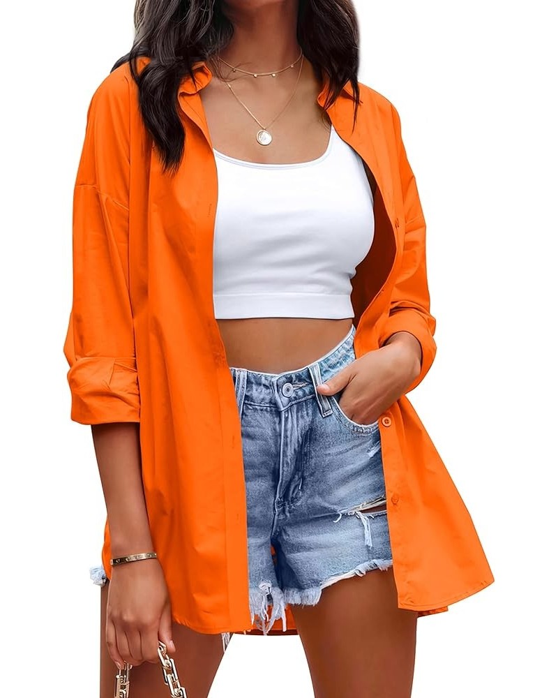 Womens Dressy Button Down Shirts Casual Long Sleeve V Neck Candy Color Blouse Loose Fit Tops Orange $17.33 Blouses