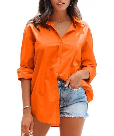 Womens Dressy Button Down Shirts Casual Long Sleeve V Neck Candy Color Blouse Loose Fit Tops Orange $17.33 Blouses