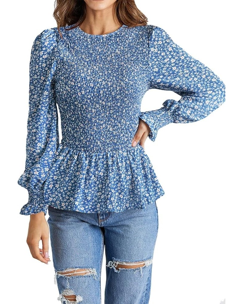 Women's Tops Casual Long Sleeve Crewneck Floral Print Smocked Ruffle Hem Slim Babydoll Blouse Shirt Tunics Floral White Blue ...