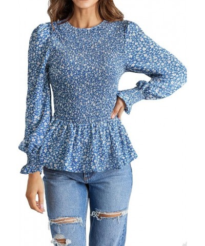 Women's Tops Casual Long Sleeve Crewneck Floral Print Smocked Ruffle Hem Slim Babydoll Blouse Shirt Tunics Floral White Blue ...