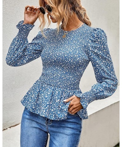 Women's Tops Casual Long Sleeve Crewneck Floral Print Smocked Ruffle Hem Slim Babydoll Blouse Shirt Tunics Floral White Blue ...