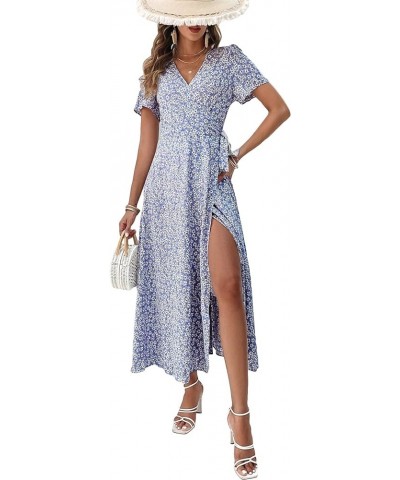 Women's Boho Ditsy Floral Print Wrap V Neck Short Sleeve Belted Split Thigh Maxi Dress Purple $19.35 Dresses