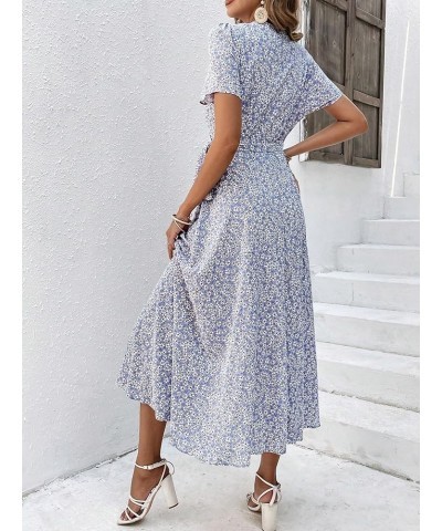 Women's Boho Ditsy Floral Print Wrap V Neck Short Sleeve Belted Split Thigh Maxi Dress Purple $19.35 Dresses