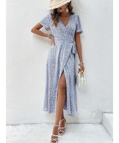 Women's Boho Ditsy Floral Print Wrap V Neck Short Sleeve Belted Split Thigh Maxi Dress Purple $19.35 Dresses