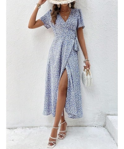 Women's Boho Ditsy Floral Print Wrap V Neck Short Sleeve Belted Split Thigh Maxi Dress Purple $19.35 Dresses