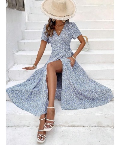 Women's Boho Ditsy Floral Print Wrap V Neck Short Sleeve Belted Split Thigh Maxi Dress Purple $19.35 Dresses