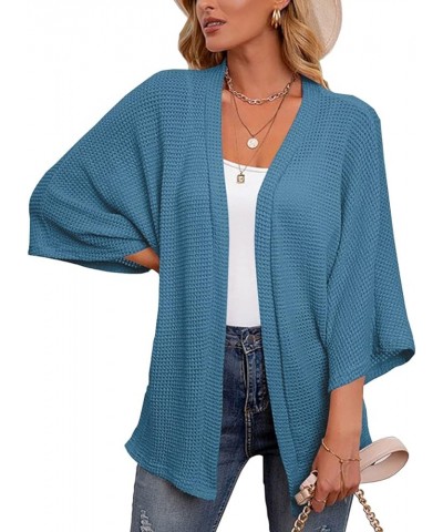 Kimono Cardigans for Women 3/4 Sleeve Waffle Knit Open Front Summer Coverup Outwear Blue $20.39 Sweaters