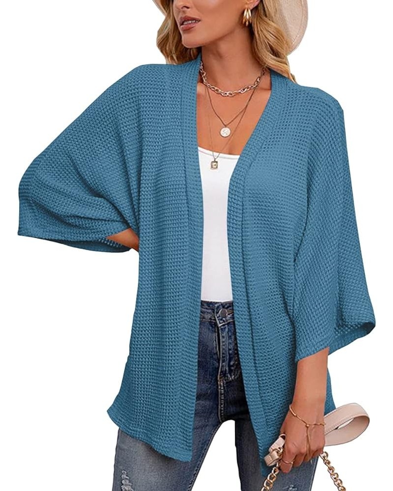 Kimono Cardigans for Women 3/4 Sleeve Waffle Knit Open Front Summer Coverup Outwear Blue $20.39 Sweaters