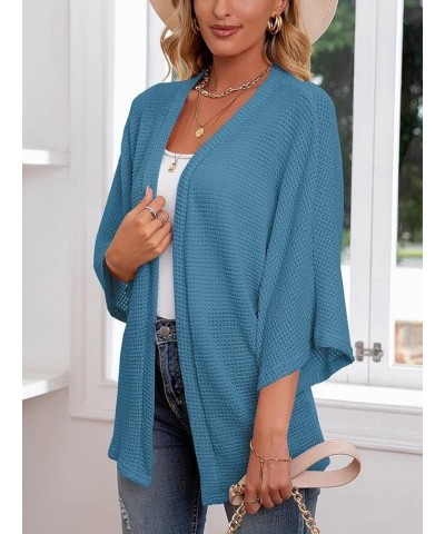 Kimono Cardigans for Women 3/4 Sleeve Waffle Knit Open Front Summer Coverup Outwear Blue $20.39 Sweaters