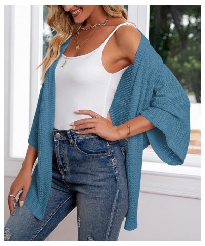 Kimono Cardigans for Women 3/4 Sleeve Waffle Knit Open Front Summer Coverup Outwear Blue $20.39 Sweaters