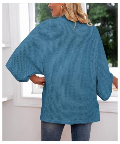 Kimono Cardigans for Women 3/4 Sleeve Waffle Knit Open Front Summer Coverup Outwear Blue $20.39 Sweaters