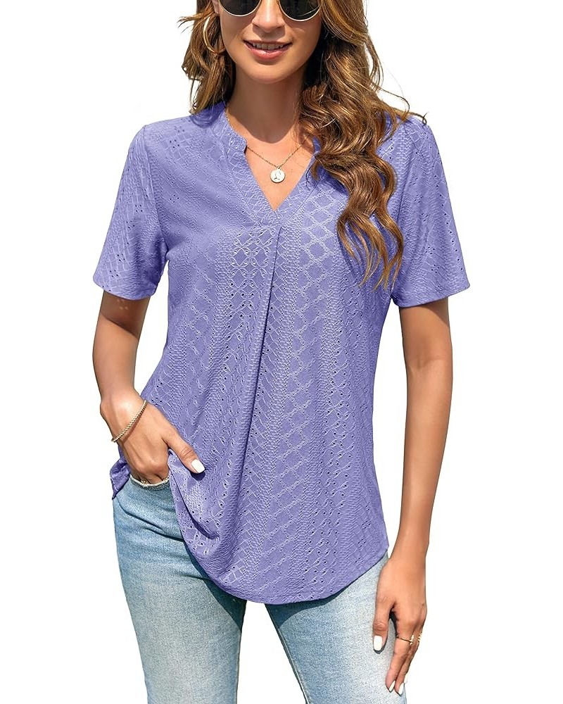 Women's 3/4 Sleeve Tops Eyelet Dressy Casual V Neck Blouses T Shirts 01-purple $17.09 Blouses